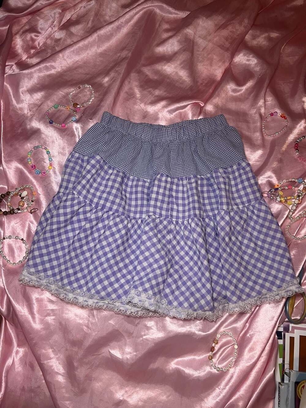 Kawaii Light Purple Gingham Contrast Lace Frill Skirt. Plaid checkered. Lilac.